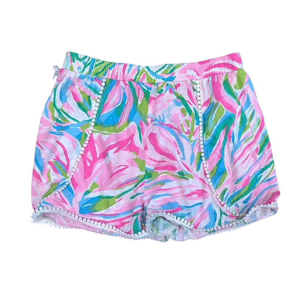 Lilly Pulitzer Girl's Pink Blue Palm Print Pom Pom Trim Cotton Shorts- L 8-10